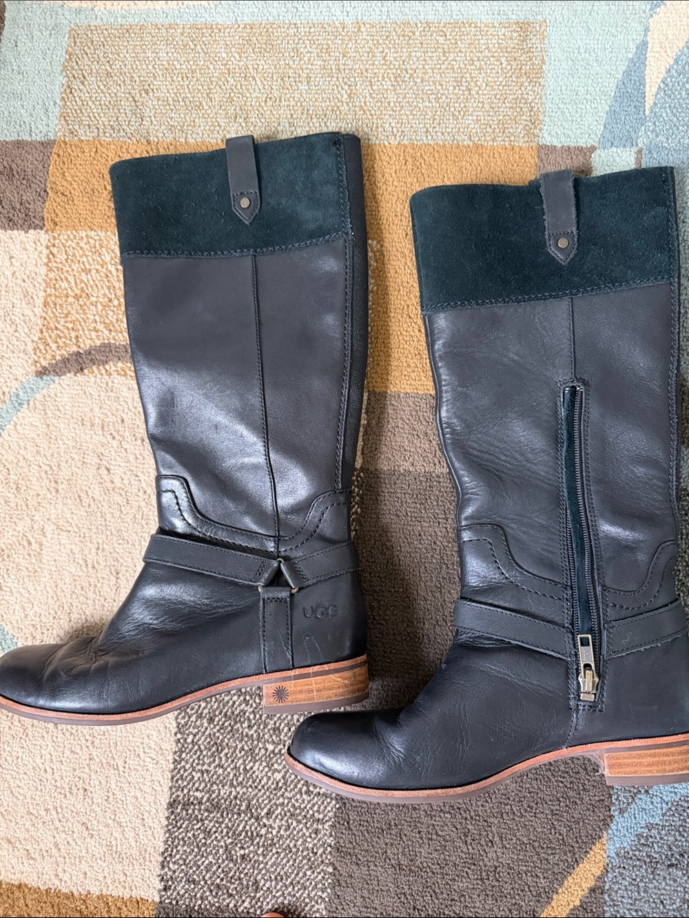 UGG Black Leather and Dark Green Suede Mid-Calf Heeled Boots